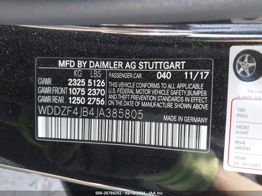 VIN WDDZF4JB4JA385805 2018 MERCEDES-BENZ E 300