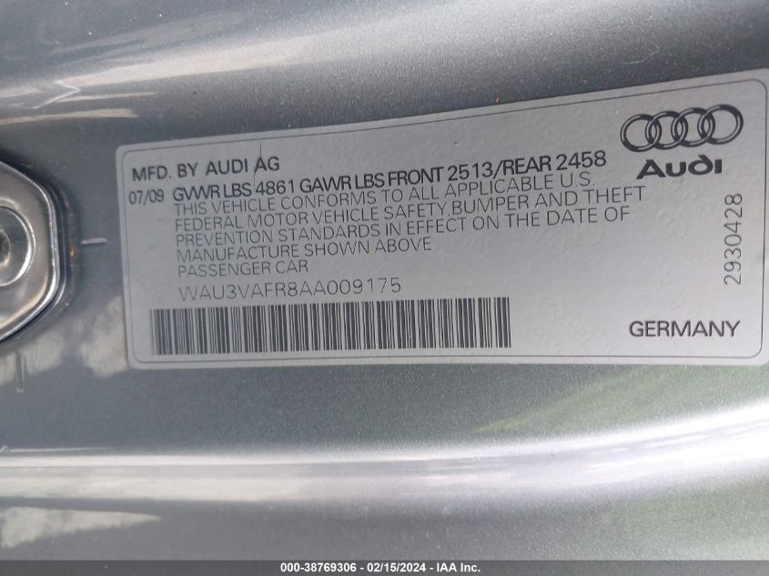 2010 Audi S5 4.2 Premium Plus VIN: WAU3VAFR8AA009175 Lot: 38769306