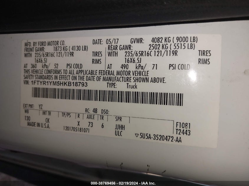 VIN 1FTYR1YM5HKB18793 2017 FORD TRANSIT-250 T-250