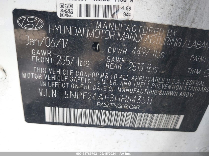 VIN 5NPE24AF8HH543511 2017 HYUNDAI SONATA SE