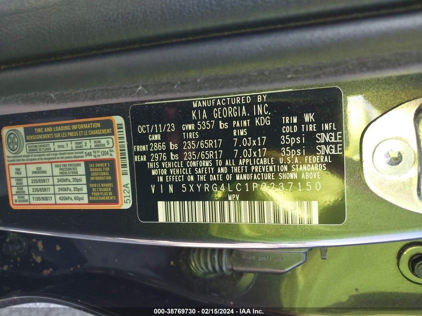 VIN 5XYRG4LC1PG237150 2023 KIA SORENTO LX