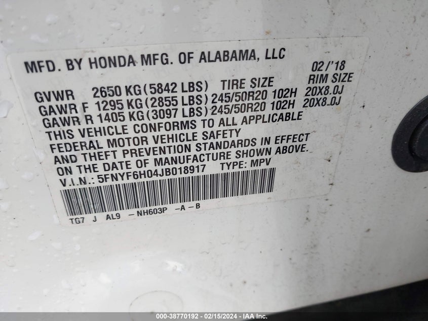 2018 HONDA PILOT ELITE - 5FNYF6H04JB018917