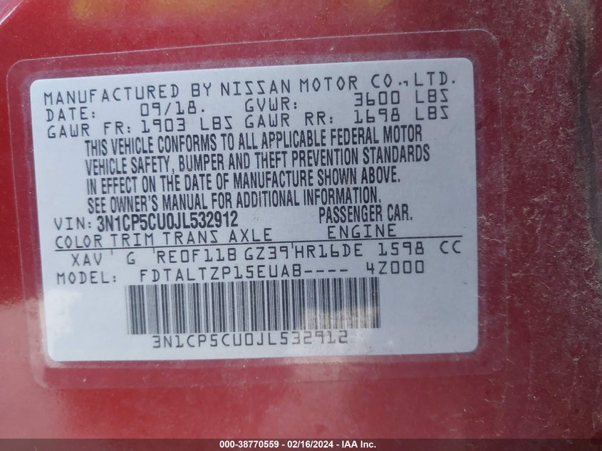 VIN 3N1CP5CU0JL532912 2018 NISSAN KICKS S/SR/SV
