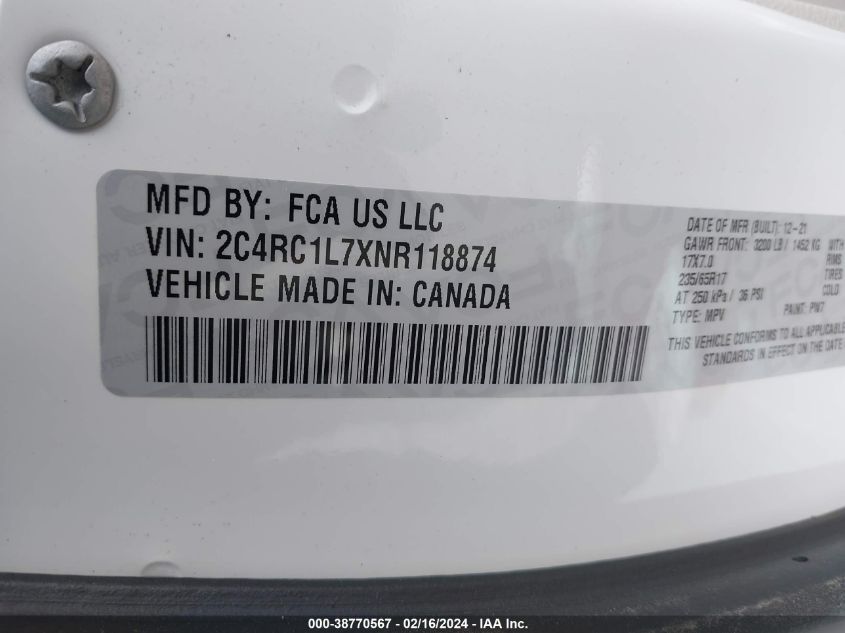 2022 Chrysler Pacifica Hybrid Touring L VIN: 2C4RC1L7XNR118874 Lot: 38770567