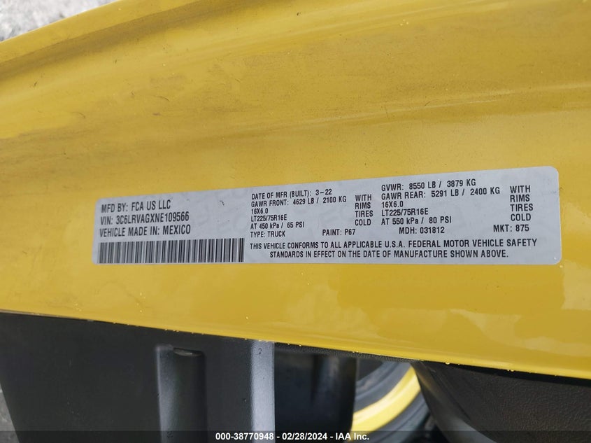 2022 RAM PROMASTER 1500 LOW ROOF 136 WB - 3C6LRVAGXNE109566