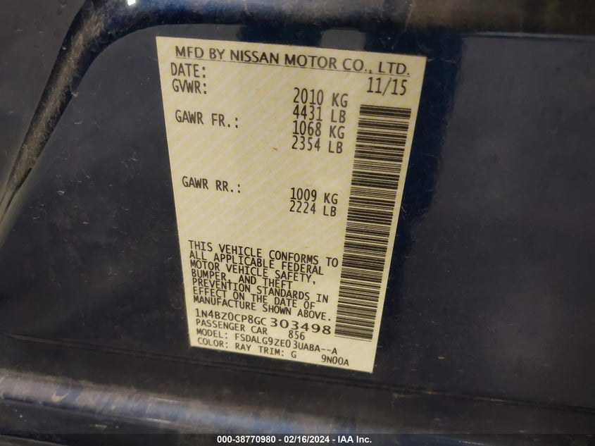 2016 NISSAN LEAF SV/SL - 1N4BZ0CP8GC303498