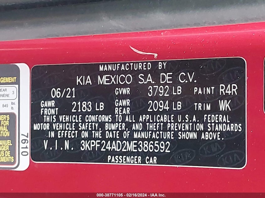 2021 KIA FORTE 2.0L I4 FI DOHC 16V (VIN: 3KPF24AD2ME386592