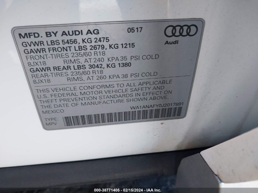 2018 Audi Q5 2.0T Premium/2.0T Tech Premium VIN: WA1ANAFY0J2017891 Lot: 38771405