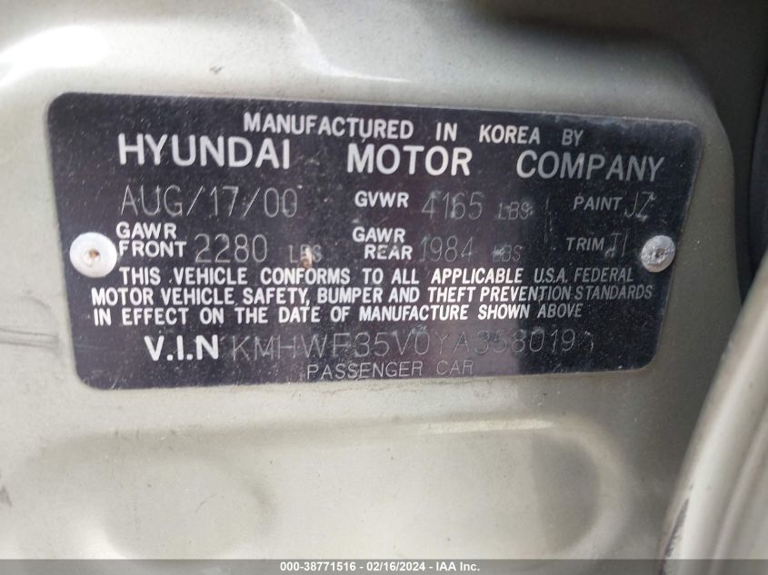 2000 Hyundai Sonata Gls V6 VIN: KMHWF35V0YA358019 Lot: 38771516