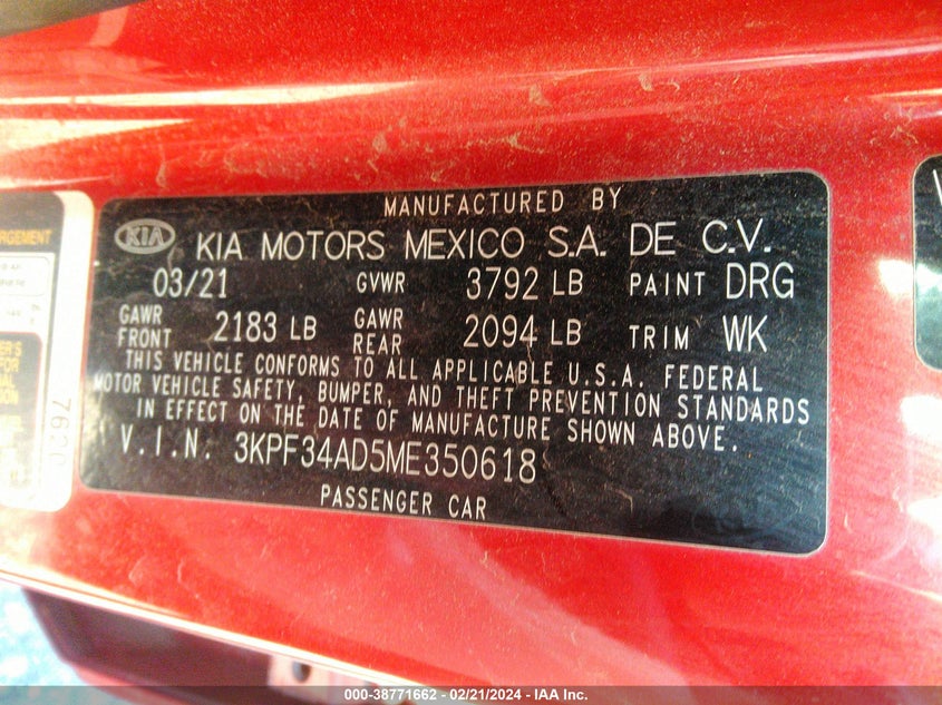2021 KIA FORTE 2.0L I4 FI DOHC 16V (VIN: 3KPF34AD5ME350618