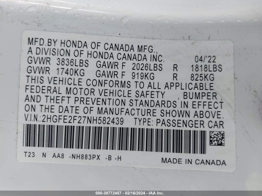 2022 HONDA CIVIC 2.0L I4   N(VIN: 2HGFE2F27NH582439
