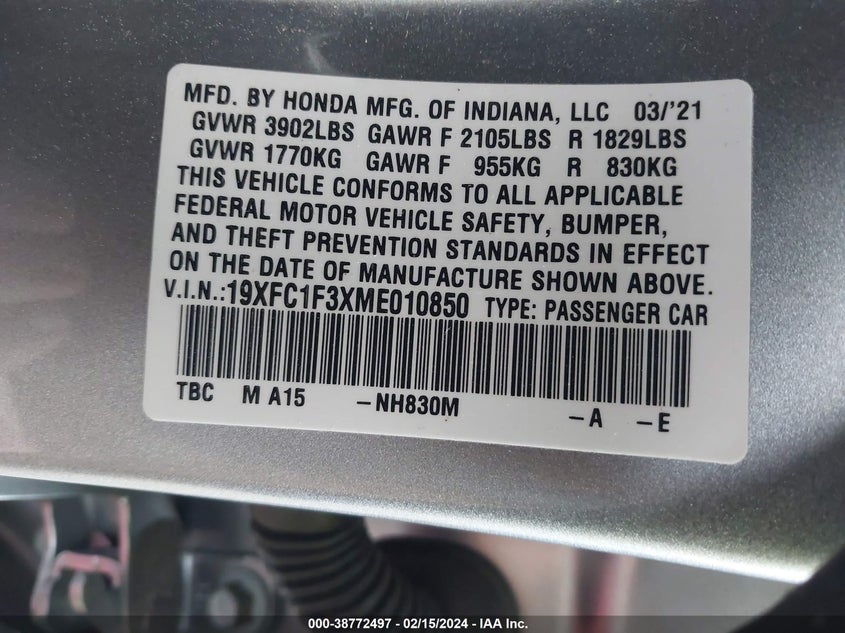 VIN 19XFC1F3XME010850 2021 HONDA CIVIC EX