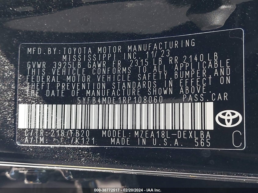 2024 TOYOTA COROLLA LE - 5YFB4MDE1RP108060