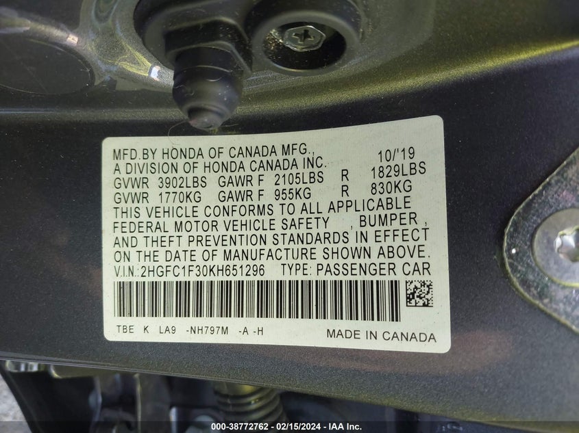 VIN 2HGFC1F30KH651296 2019 HONDA CIVIC EX