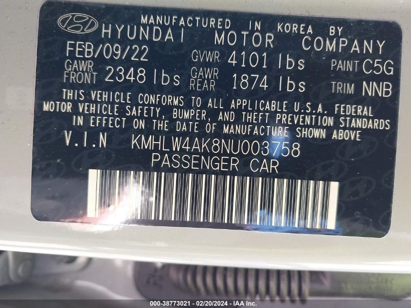 KMHLW4AK8NU003758 2022 Hyundai Elantra N