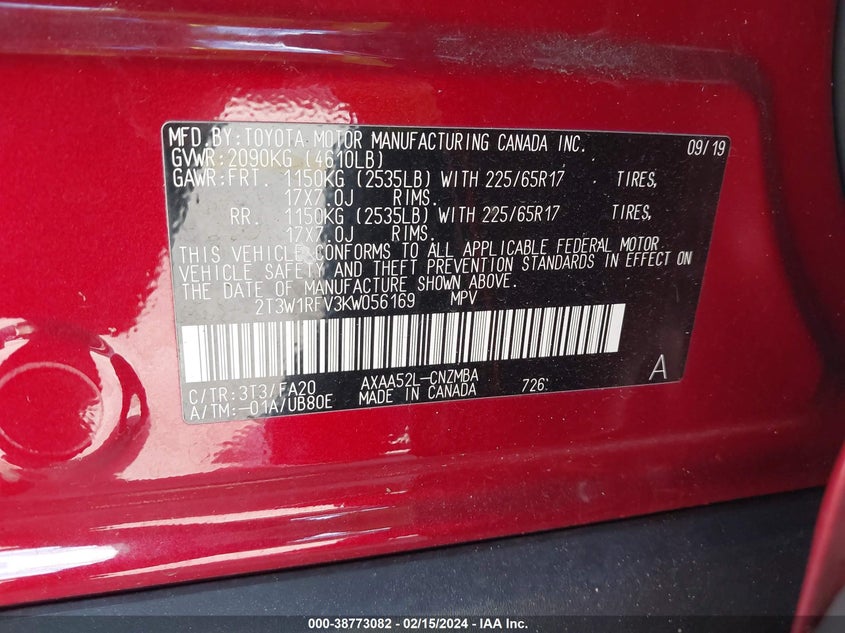 VIN 2T3W1RFV3KW056169 2019 TOYOTA RAV4 XLE