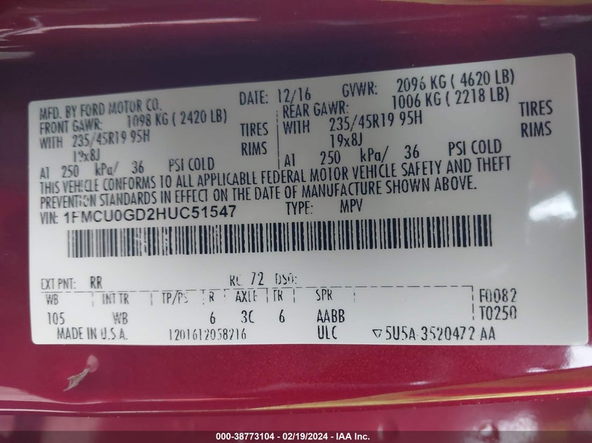VIN 1FMCU0GD2HUC51547 2017 FORD ESCAPE SE