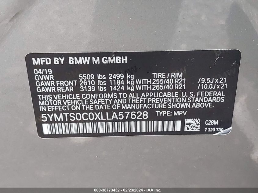 2020 BMW X3 M Competition VIN: 5YMTS0C0XLLA57628 Lot: 38773432