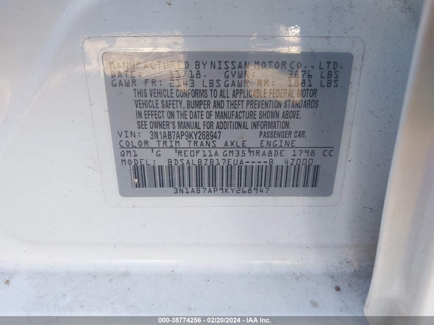 VIN 3N1AB7AP9KY268947 2019 NISSAN SENTRA S/SV/SR/SL