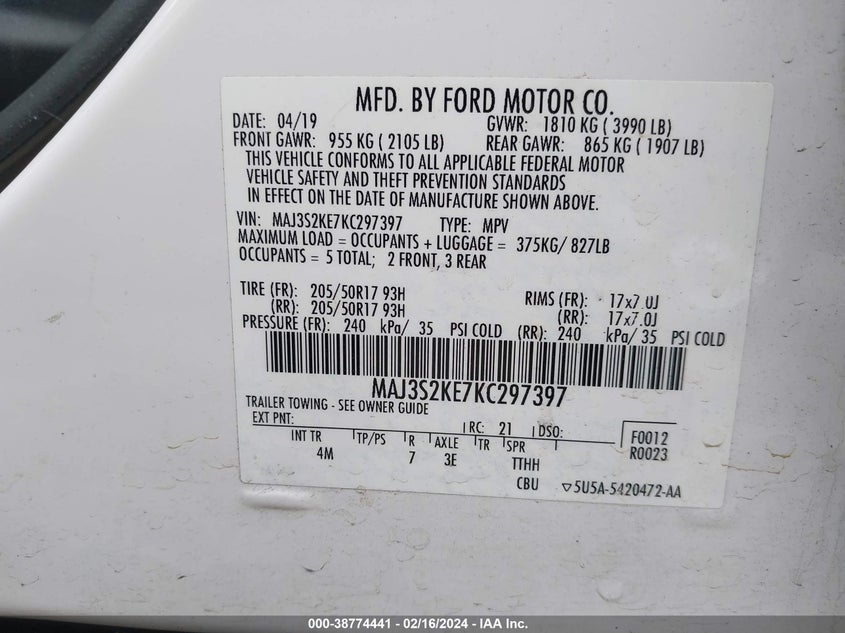 VIN MAJ3S2KE7KC297397 2019 FORD ECOSPORT TITANIUM