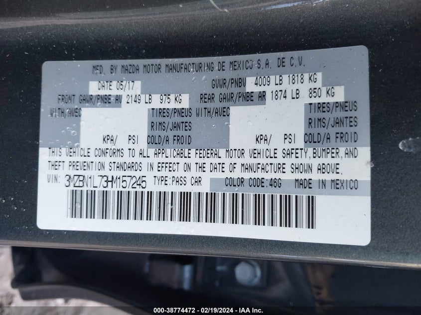 VIN 3MZBN1L73HM157245 2017 MAZDA MAZDA3 TOURING