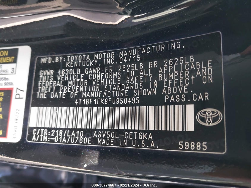 2015 TOYOTA CAMRY XLE - 4T1BF1FK8FU950495