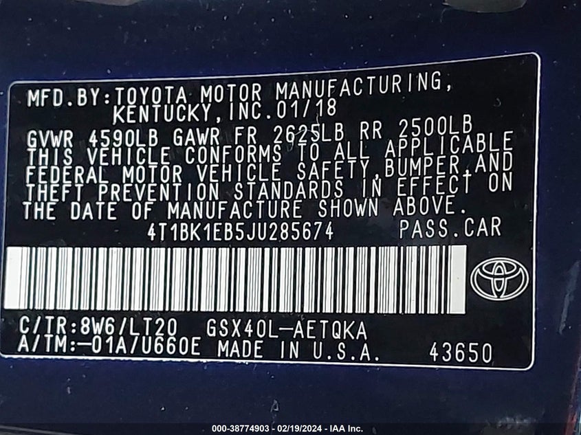 2018 TOYOTA AVALON TOURING - 4T1BK1EB5JU285674