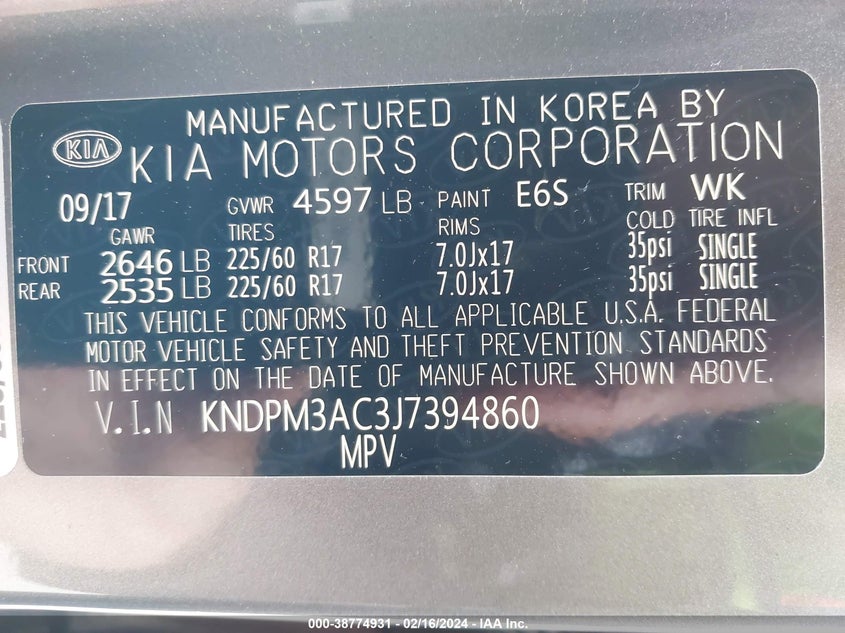 VIN KNDPM3AC3J7394860 2018 KIA SPORTAGE LX