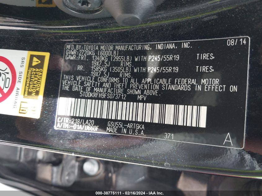 2015 Toyota Highlander VIN: 5TBDKRFH9FS073712 Lot: 38775111