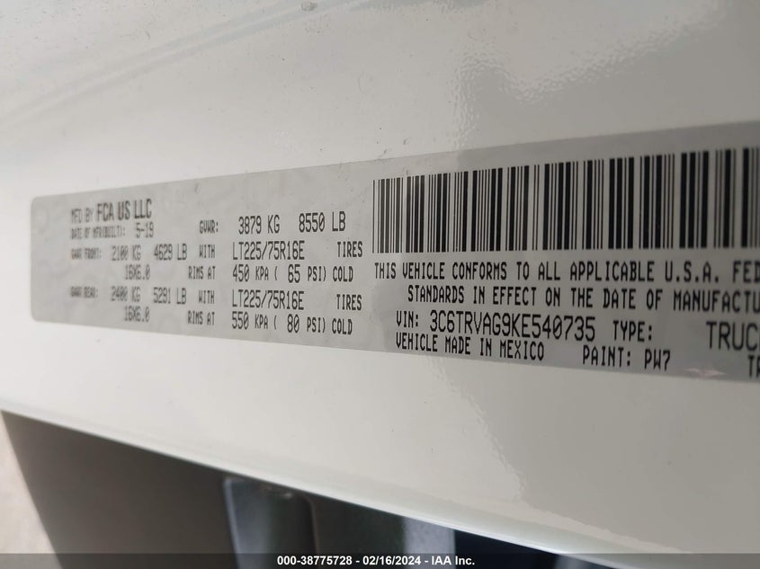 2019 RAM PROMASTER 1500 LOW ROOF 136 WB - 3C6TRVAG9KE540735