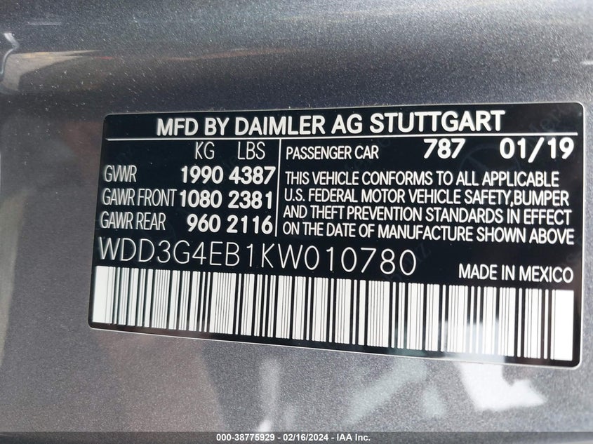 2019 MERCEDES-BENZ A 220 VIN: WDD3G4EB1KW010780