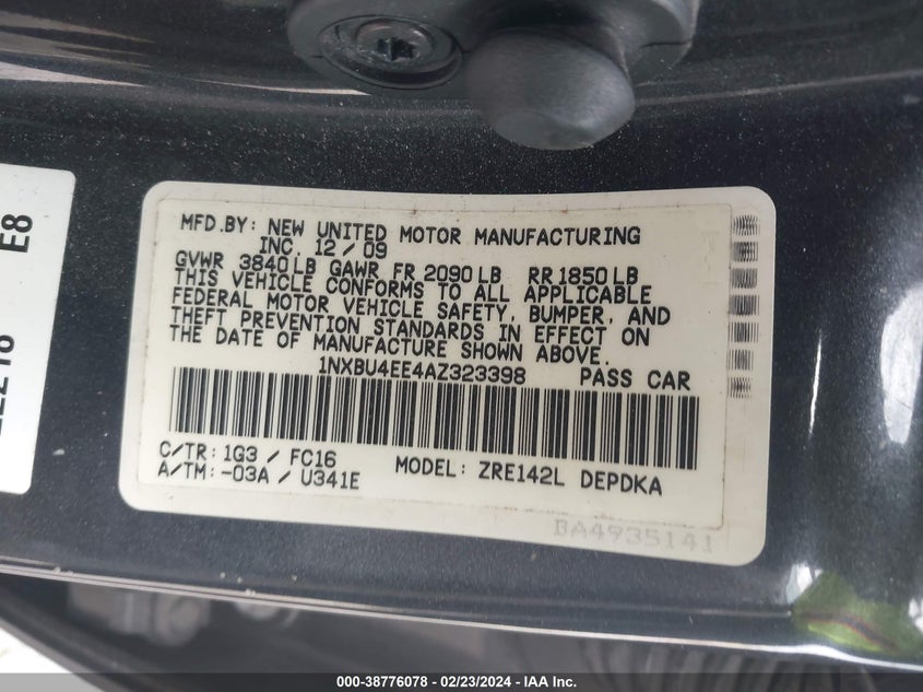 2010 TOYOTA COROLLA VIN: 1NXBU4EE4AZ323398