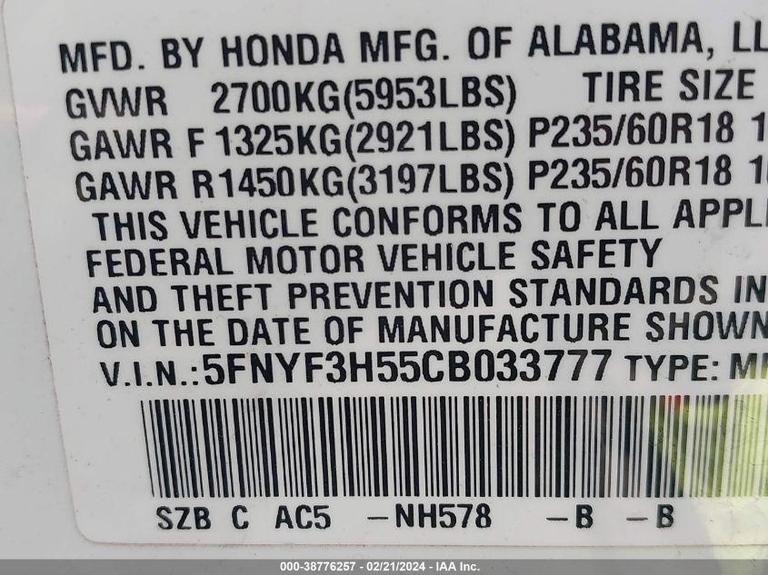 2012 Honda Pilot Ex-L VIN: 5FNYF3H55CB033777 Lot: 38776257