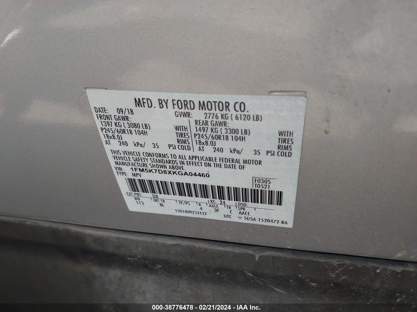 2019 FORD EXPLORER XLT - 1FM5K7D8XKGA04460