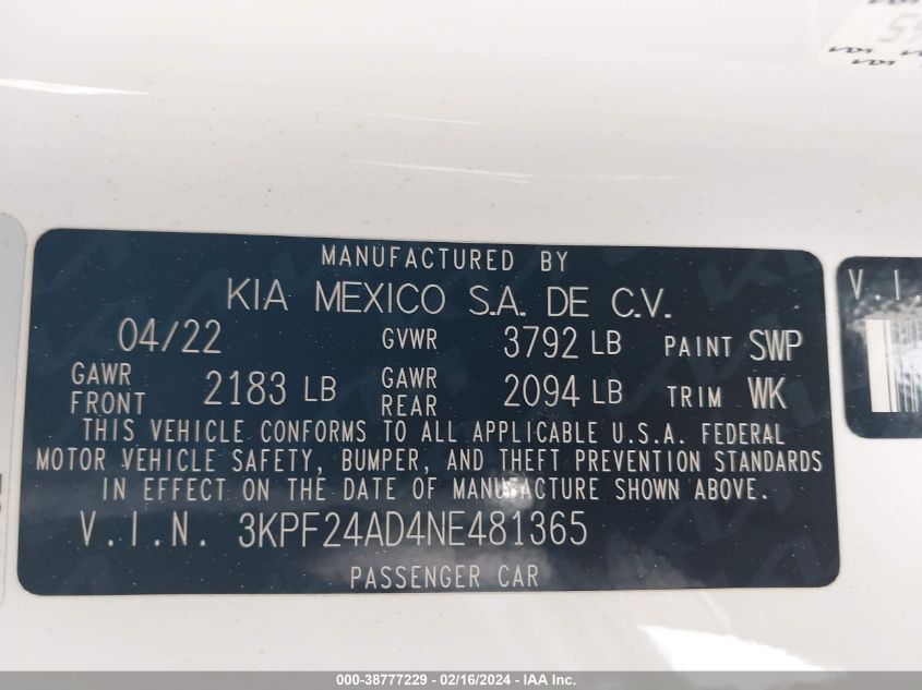 2022 Kia Forte Lxs VIN: 3KPF24AD4NE481365 Lot: 38777229