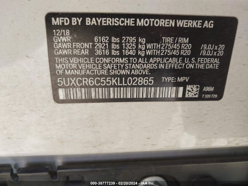 2019 BMW X5 xDrive40I VIN: 5UXCR6C55KLL02865 Lot: 38777239