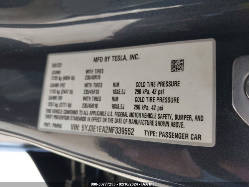 VIN 5YJ3E1EA2NF339552 2022 TESLA MODEL 3