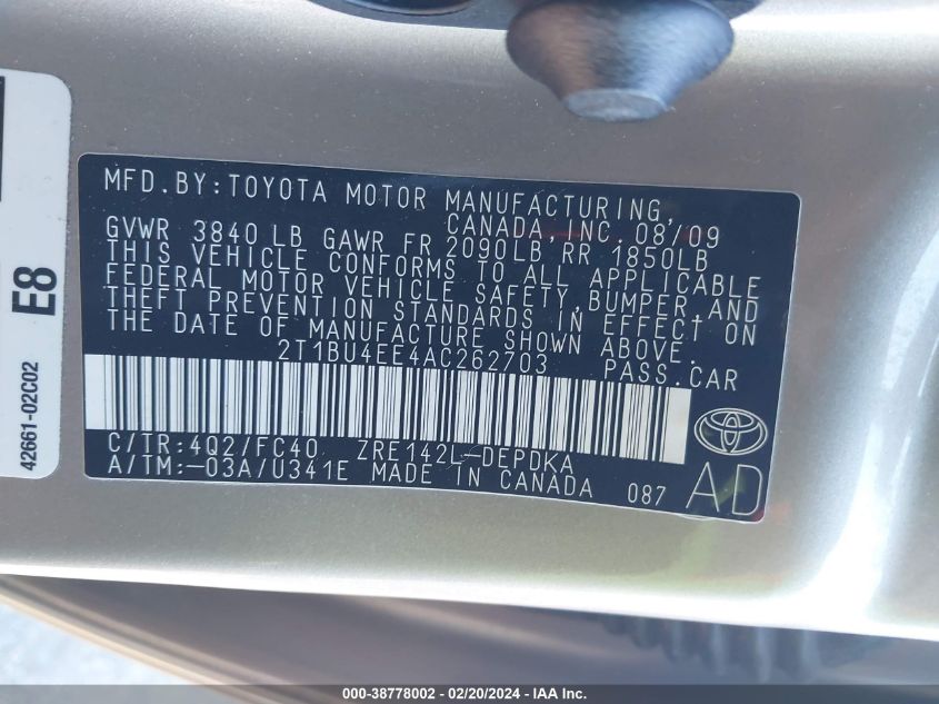 2010 Toyota Corolla S/Le/Xle VIN: 2T1BU4EE4AC262703 Lot: 38778002