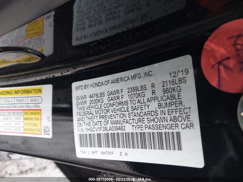 VIN 1HGCV1F39LA039482 2020 HONDA ACCORD SPORT
