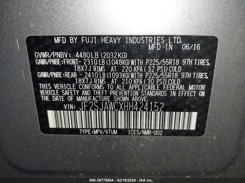 2017 SUBARU FORESTER - JF2SJAWCXHH424152