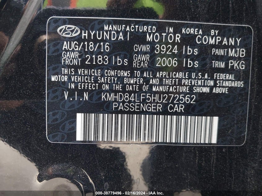 VIN KMHD84LF5HU272562 2017 HYUNDAI ELANTRA SE/VALUE/LIMITED