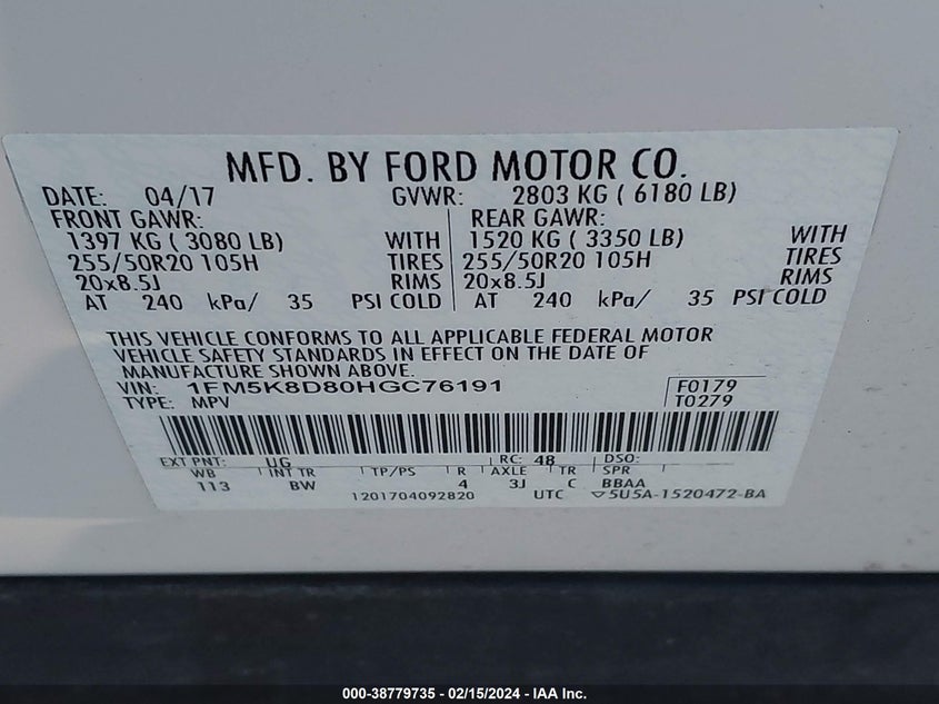 VIN 1FM5K8D80HGC76191 2017 FORD EXPLORER XLT