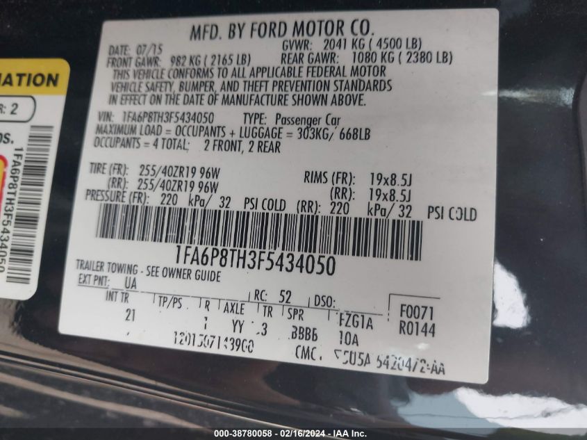 1FA6P8TH3F5434050 2015 FORD MUSTANG, photo no. 9