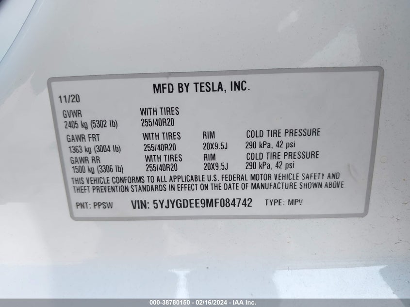 2021 TESLA MODEL Y U   U(VIN: 5YJYGDEE9MF084742