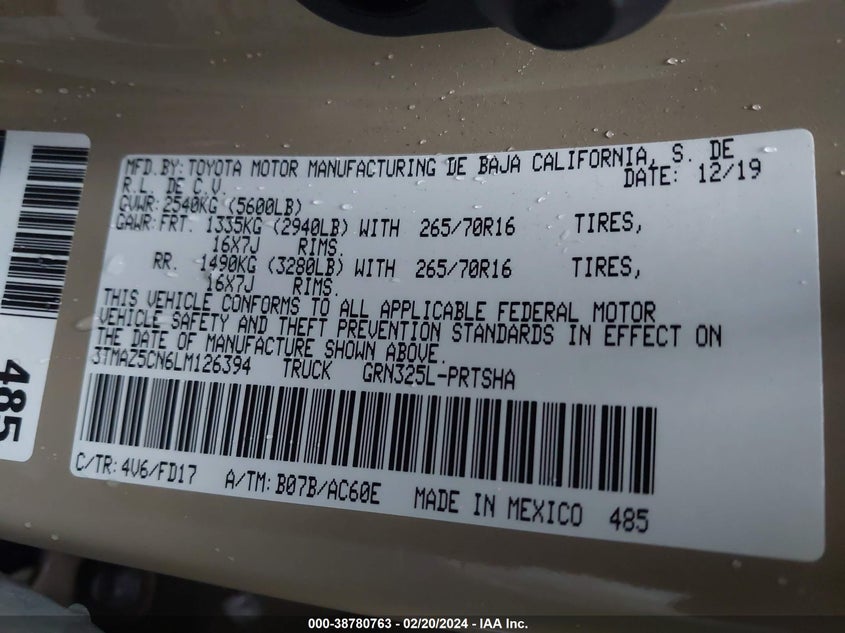 2020 TOYOTA TACOMA DOUBLE CAB/SR5/TRD SPORT/ - 3TMAZ5CN6LM126394