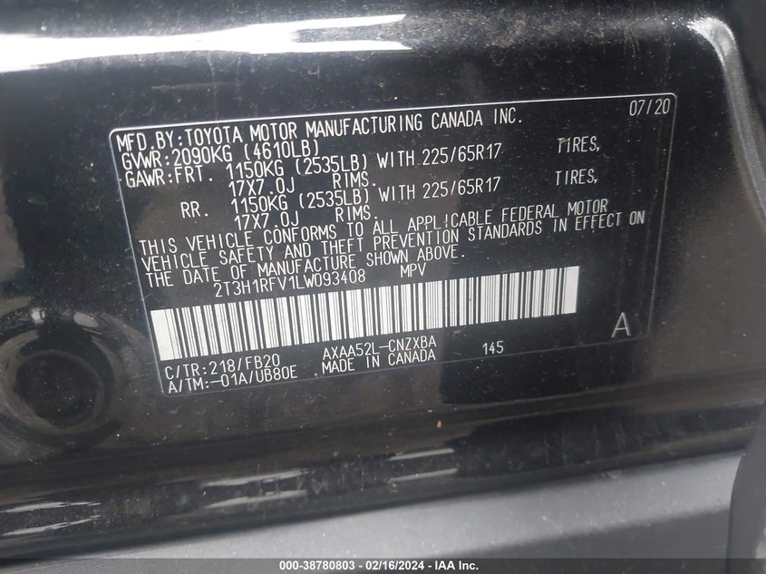 VIN 2T3H1RFV1LW093408 2020 TOYOTA RAV4 LE