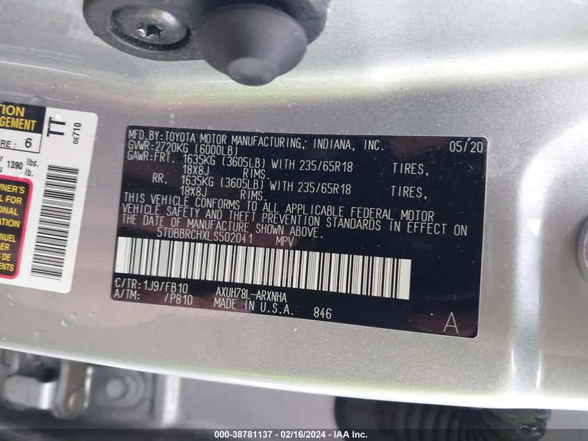 2020 TOYOTA HIGHLANDER VIN: 5TDBBRCHXLS502041