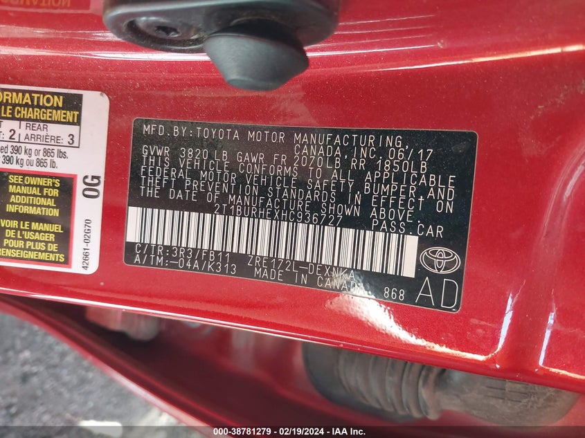 VIN 2T1BURHEXHC936727 2017 TOYOTA COROLLA L/LE/XLE/SE/XSE