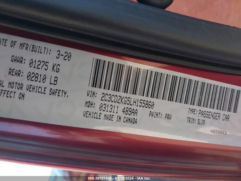 VIN 2C3CDZKG5LH155860 2020 DODGE CHALLENGER GT