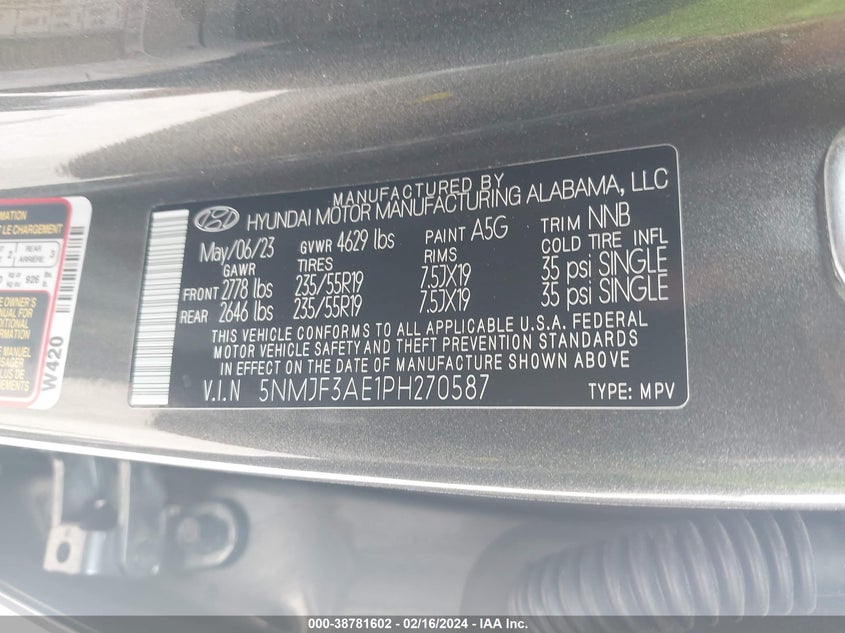 2023 HYUNDAI TUCSON 2.5L I4   N(VIN: 5NMJF3AE1PH270587